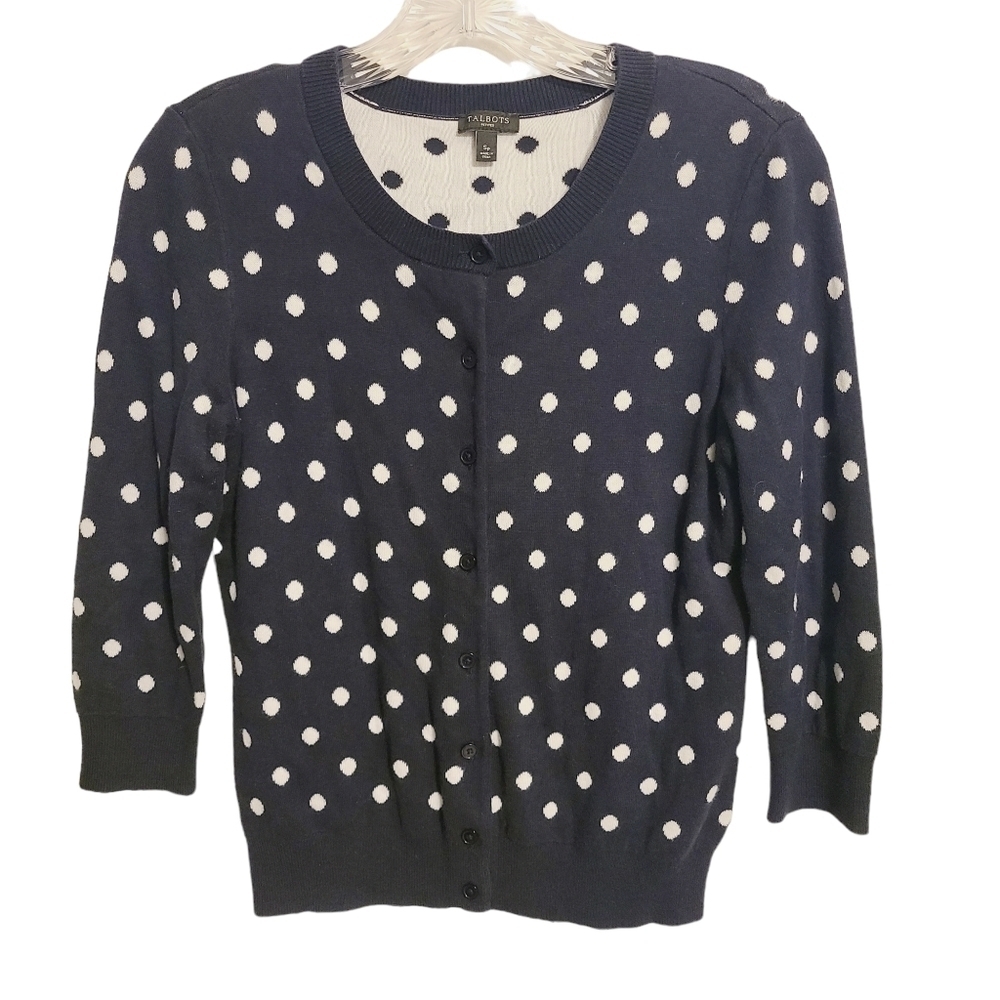 Talbots | Women's Black and White Polka Dot Cardigan Sweater (Size Small Petite)